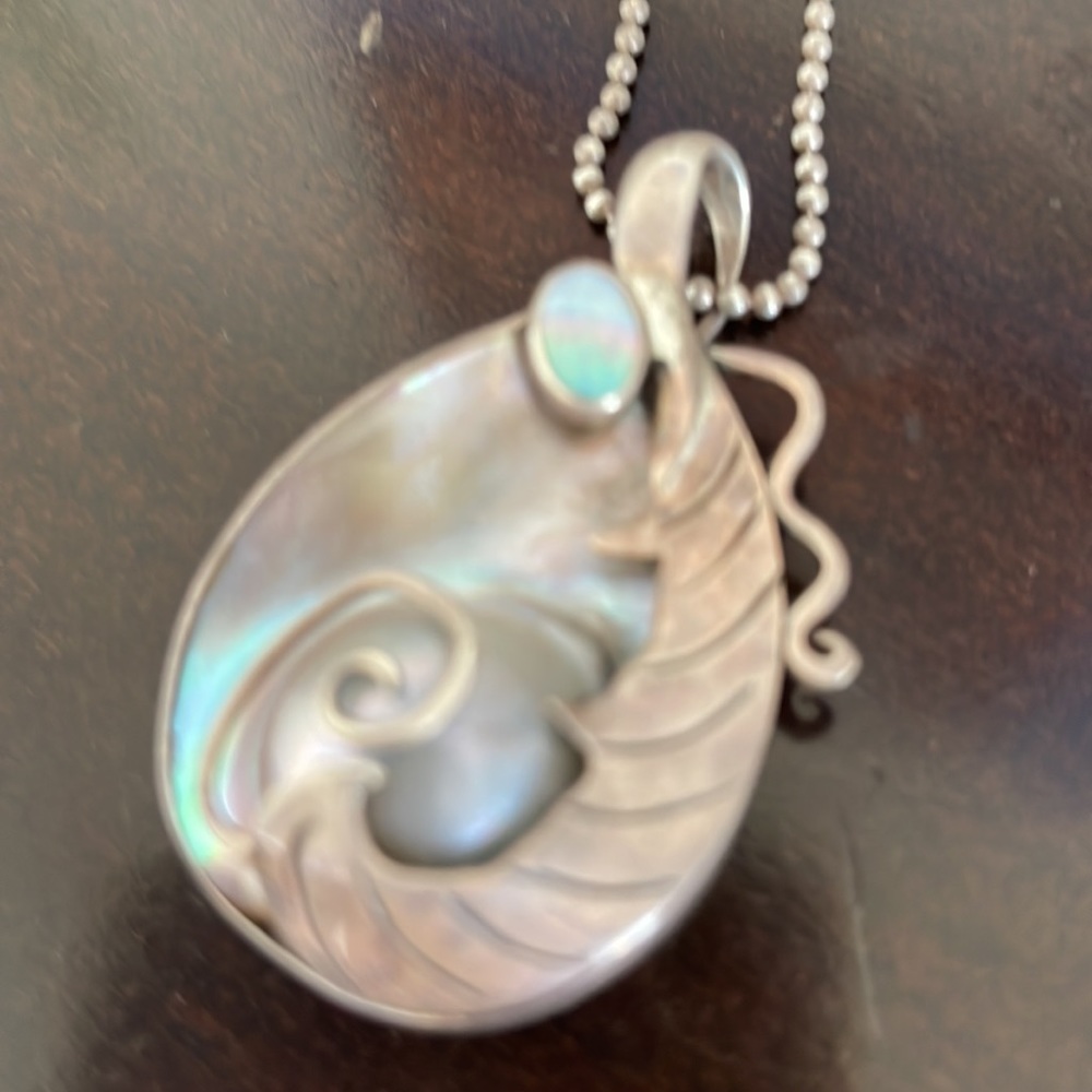 One of a Kind Mother of Pearl, Sterling and Opal Pendant - Picture 2 of 3